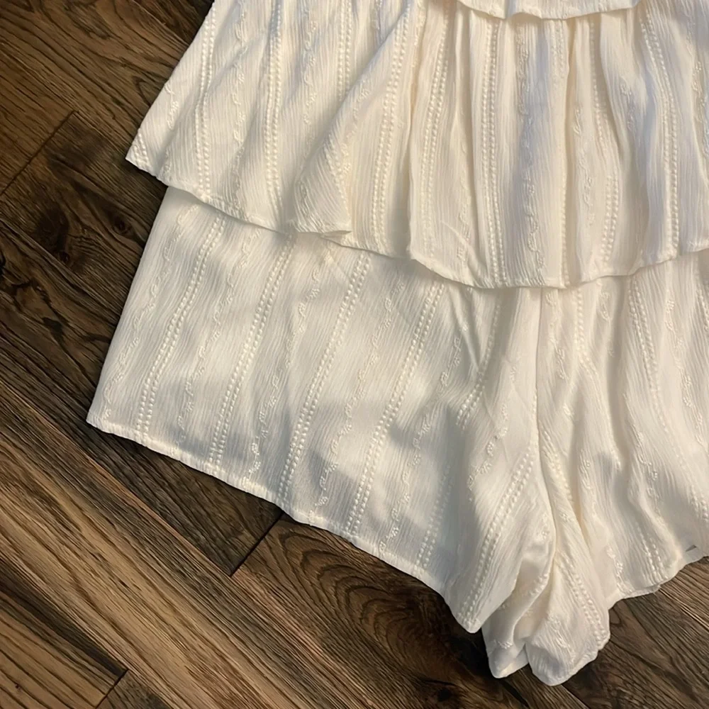Express Cream Ruffle Off-Shoulder Romper - Picture 12 of 17